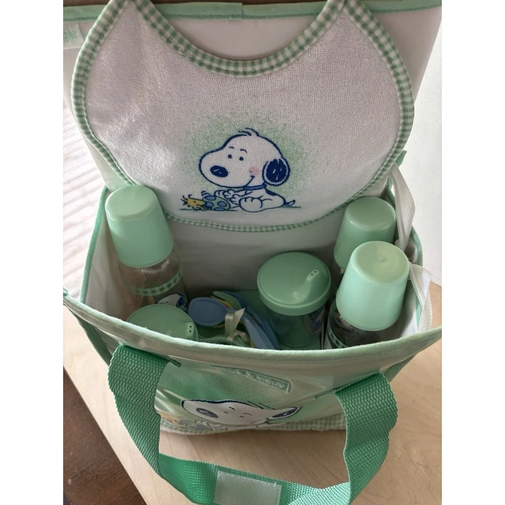 Vtg Baby Snoopy Diaper Bag Changer Bottles Bib Rattle Unused Green Thailand UFS